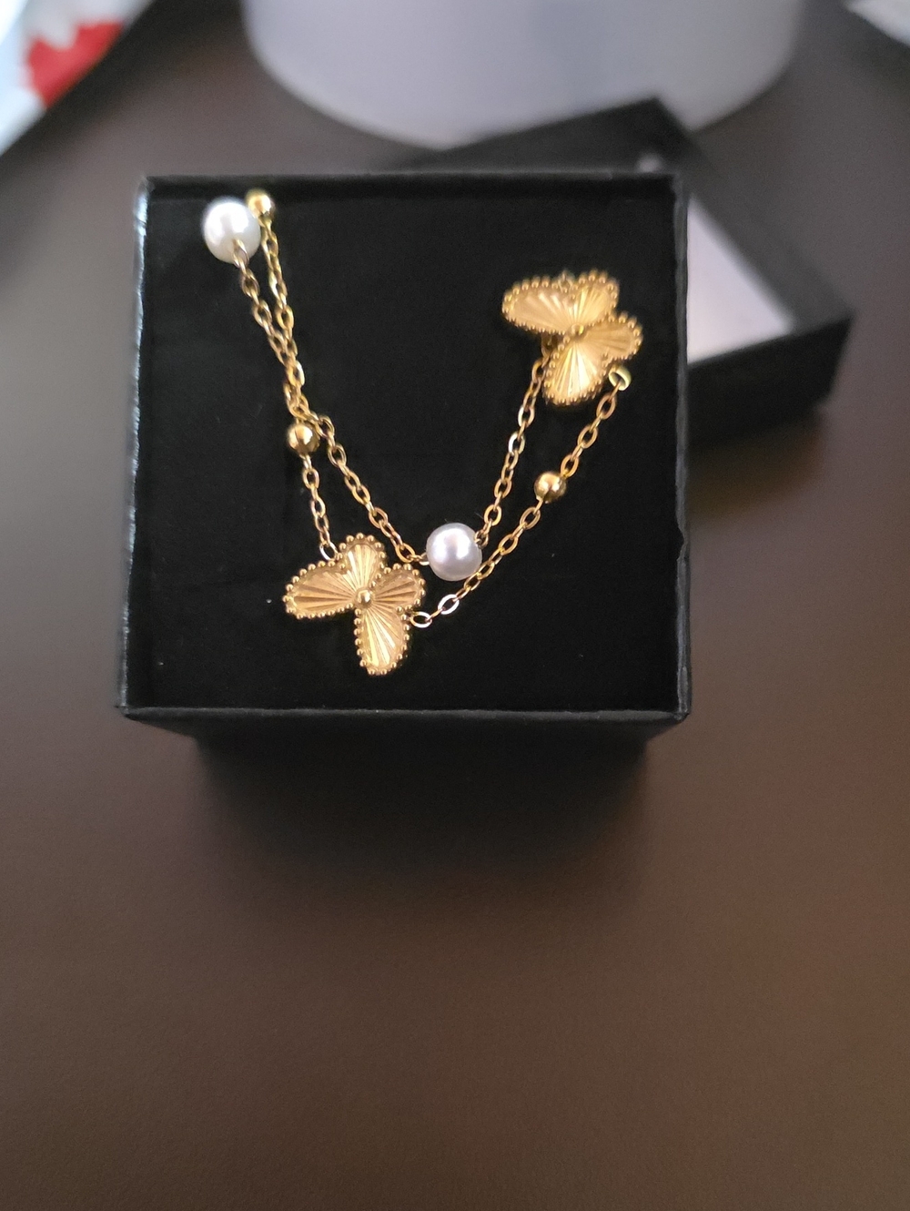 Anklet 18K Gold Plated, Waterproof, Non Tarnish Butterfly Pearl Double-Chain 10" - Picture 4 of 4